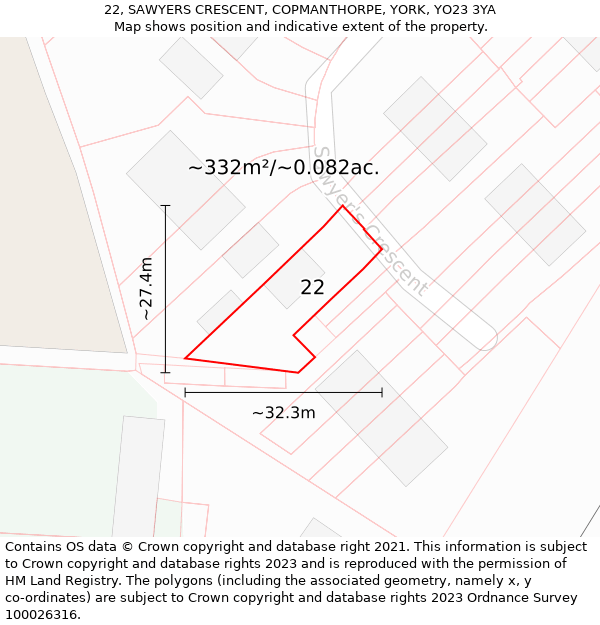 22, SAWYERS CRESCENT, COPMANTHORPE, YORK, YO23 3YA: Plot and title map