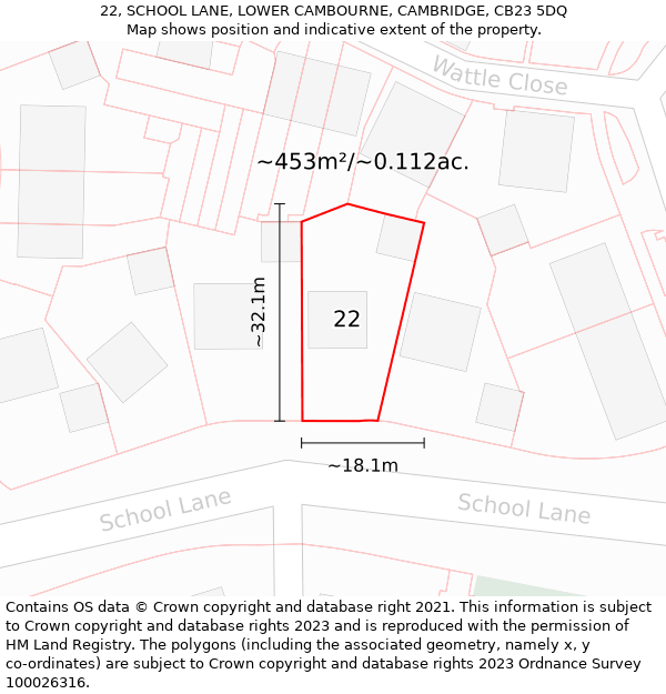 22, SCHOOL LANE, LOWER CAMBOURNE, CAMBRIDGE, CB23 5DQ: Plot and title map