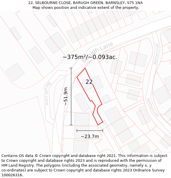 22, SELBOURNE CLOSE, BARUGH GREEN, BARNSLEY, S75 1NA: Plot and title map
