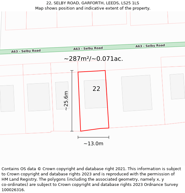 22, SELBY ROAD, GARFORTH, LEEDS, LS25 1LS: Plot and title map