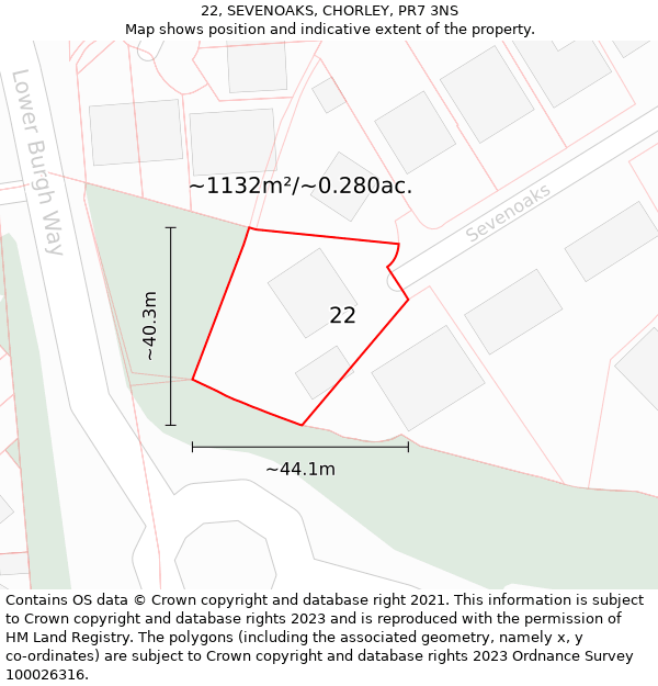 22, SEVENOAKS, CHORLEY, PR7 3NS: Plot and title map