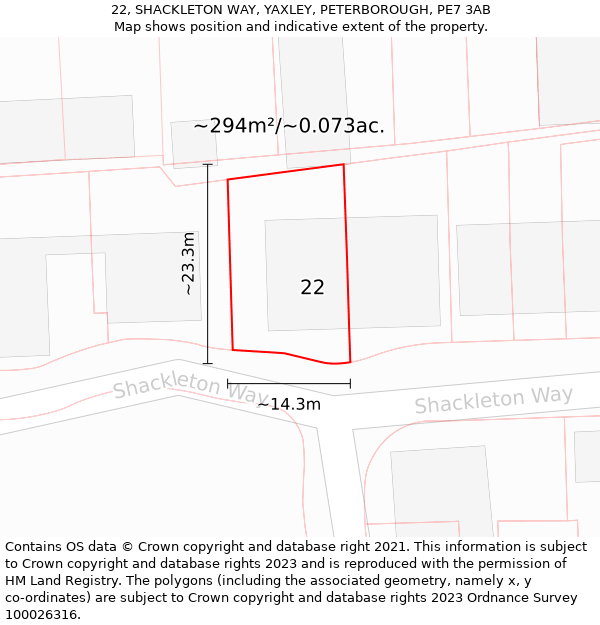 22, SHACKLETON WAY, YAXLEY, PETERBOROUGH, PE7 3AB: Plot and title map