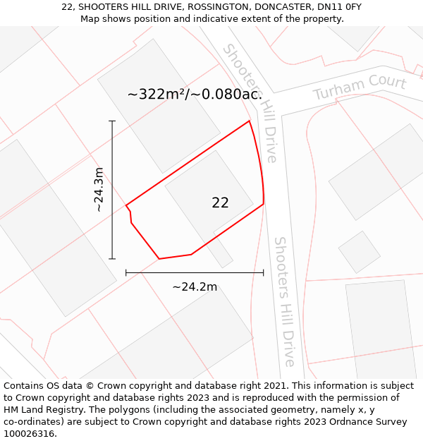 22, SHOOTERS HILL DRIVE, ROSSINGTON, DONCASTER, DN11 0FY: Plot and title map