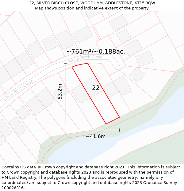 22, SILVER BIRCH CLOSE, WOODHAM, ADDLESTONE, KT15 3QW: Plot and title map