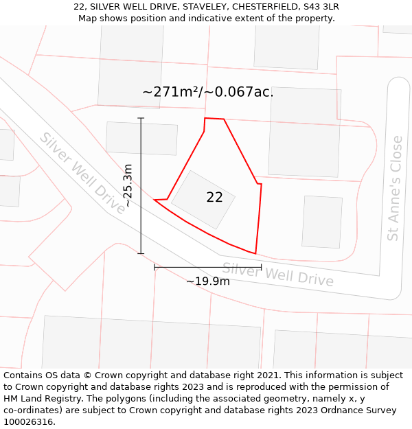 22, SILVER WELL DRIVE, STAVELEY, CHESTERFIELD, S43 3LR: Plot and title map