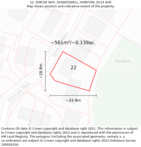 22, SIMCOE WAY, DUNKESWELL, HONITON, EX14 4UR: Plot and title map