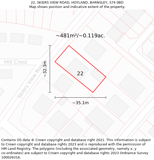 22, SKIERS VIEW ROAD, HOYLAND, BARNSLEY, S74 0BD: Plot and title map