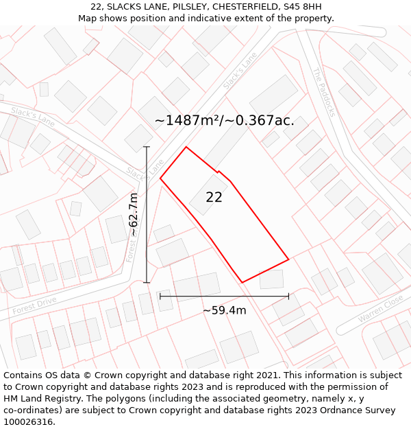 22, SLACKS LANE, PILSLEY, CHESTERFIELD, S45 8HH: Plot and title map