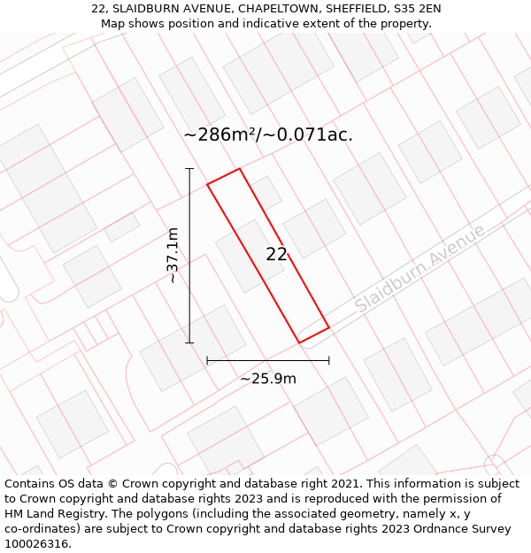 22, SLAIDBURN AVENUE, CHAPELTOWN, SHEFFIELD, S35 2EN: Plot and title map