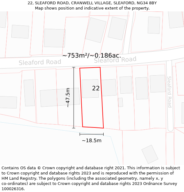 22, SLEAFORD ROAD, CRANWELL VILLAGE, SLEAFORD, NG34 8BY: Plot and title map