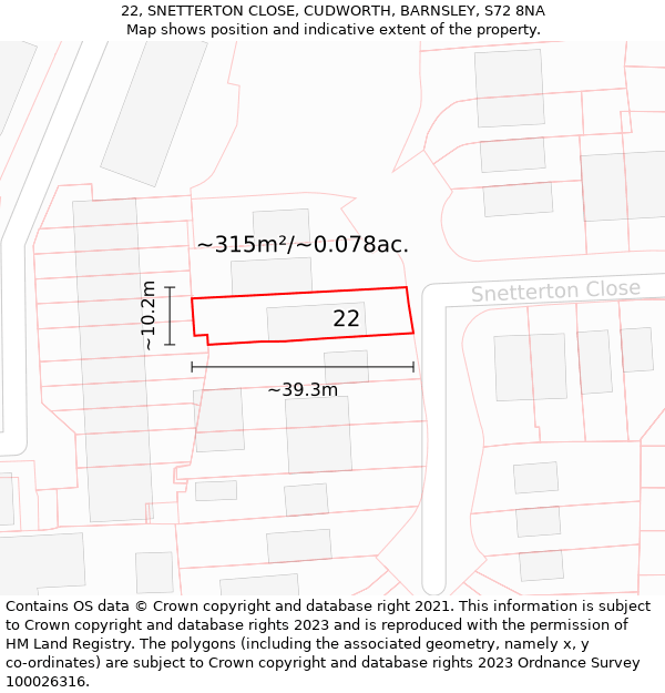 22, SNETTERTON CLOSE, CUDWORTH, BARNSLEY, S72 8NA: Plot and title map