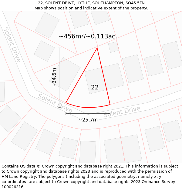 22, SOLENT DRIVE, HYTHE, SOUTHAMPTON, SO45 5FN: Plot and title map