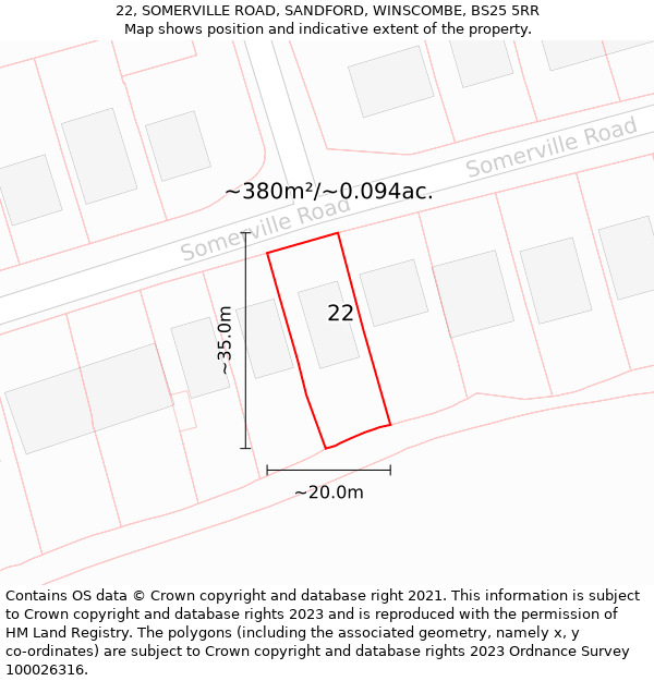 22, SOMERVILLE ROAD, SANDFORD, WINSCOMBE, BS25 5RR: Plot and title map