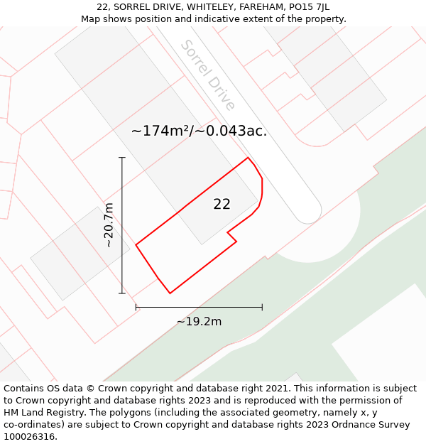 22, SORREL DRIVE, WHITELEY, FAREHAM, PO15 7JL: Plot and title map