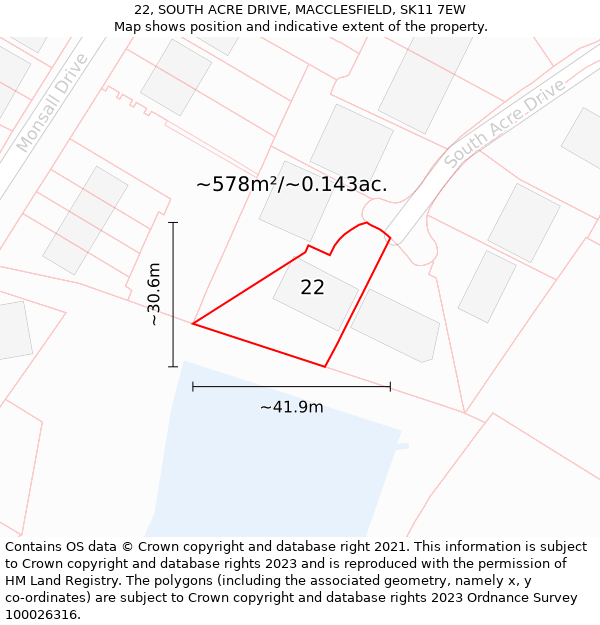 22, SOUTH ACRE DRIVE, MACCLESFIELD, SK11 7EW: Plot and title map