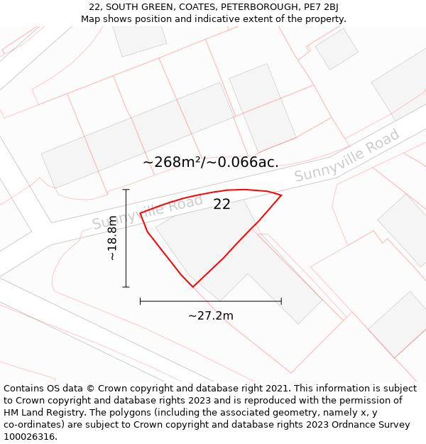 22, SOUTH GREEN, COATES, PETERBOROUGH, PE7 2BJ: Plot and title map