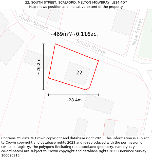 22, SOUTH STREET, SCALFORD, MELTON MOWBRAY, LE14 4DY: Plot and title map