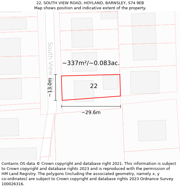 22, SOUTH VIEW ROAD, HOYLAND, BARNSLEY, S74 9EB: Plot and title map