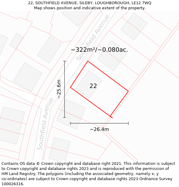 22, SOUTHFIELD AVENUE, SILEBY, LOUGHBOROUGH, LE12 7WQ: Plot and title map