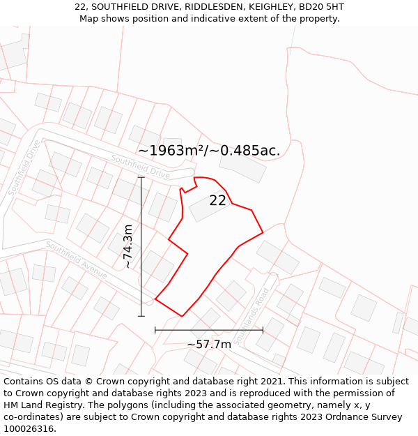 22, SOUTHFIELD DRIVE, RIDDLESDEN, KEIGHLEY, BD20 5HT: Plot and title map