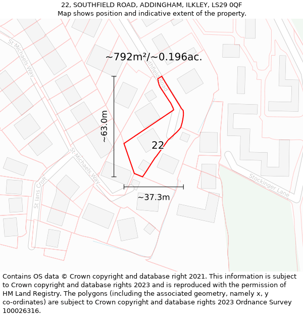 22, SOUTHFIELD ROAD, ADDINGHAM, ILKLEY, LS29 0QF: Plot and title map