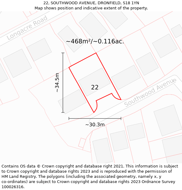 22, SOUTHWOOD AVENUE, DRONFIELD, S18 1YN: Plot and title map