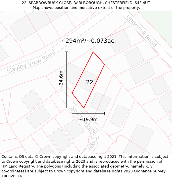 22, SPARROWBUSK CLOSE, BARLBOROUGH, CHESTERFIELD, S43 4UT: Plot and title map