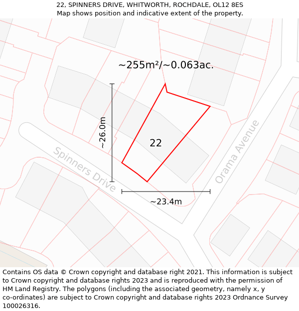 22, SPINNERS DRIVE, WHITWORTH, ROCHDALE, OL12 8ES: Plot and title map