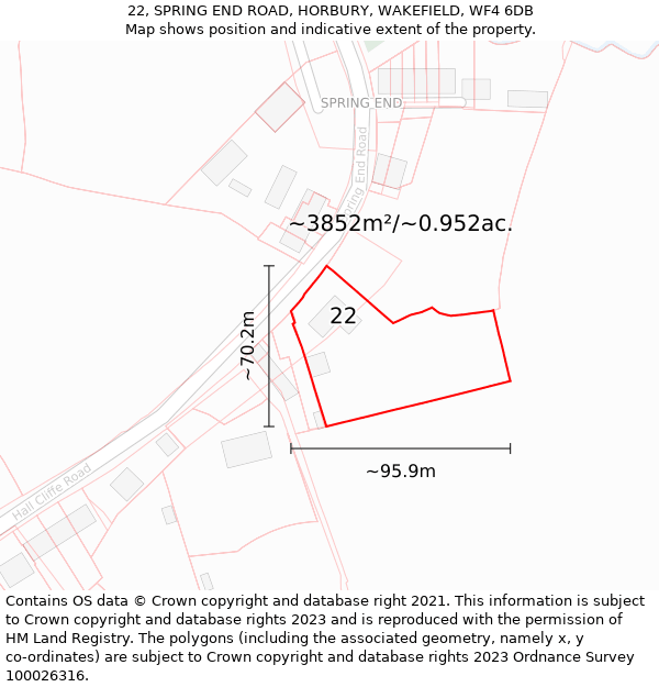 22, SPRING END ROAD, HORBURY, WAKEFIELD, WF4 6DB: Plot and title map