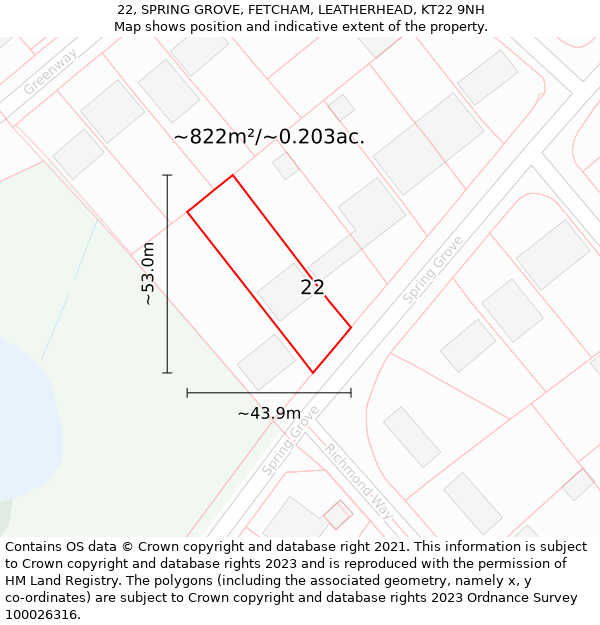 22, SPRING GROVE, FETCHAM, LEATHERHEAD, KT22 9NH: Plot and title map