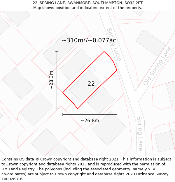 22, SPRING LANE, SWANMORE, SOUTHAMPTON, SO32 2PT: Plot and title map