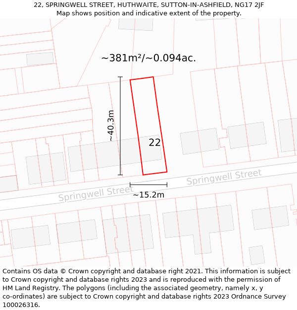 22, SPRINGWELL STREET, HUTHWAITE, SUTTON-IN-ASHFIELD, NG17 2JF: Plot and title map