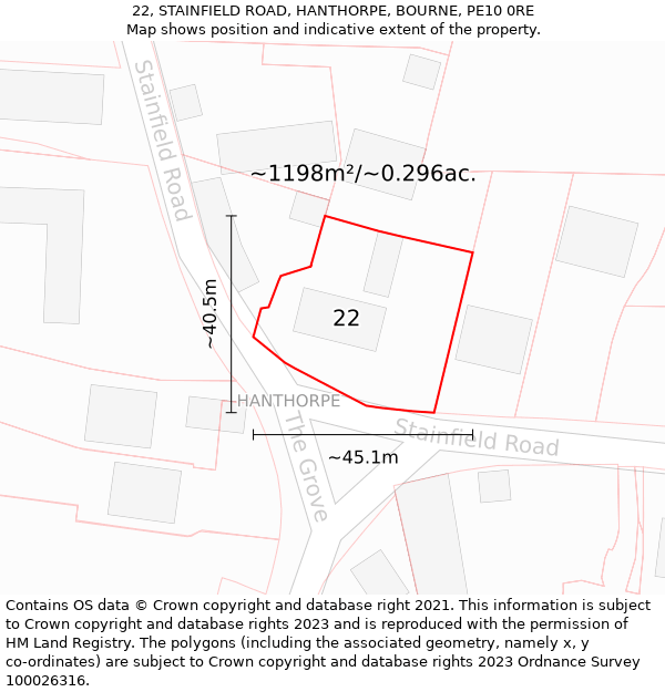 22, STAINFIELD ROAD, HANTHORPE, BOURNE, PE10 0RE: Plot and title map