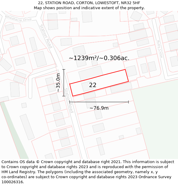 22, STATION ROAD, CORTON, LOWESTOFT, NR32 5HF: Plot and title map