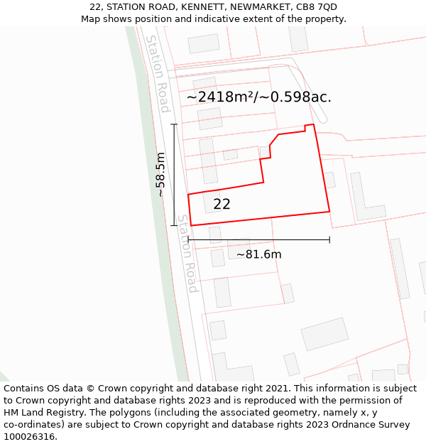 22, STATION ROAD, KENNETT, NEWMARKET, CB8 7QD: Plot and title map