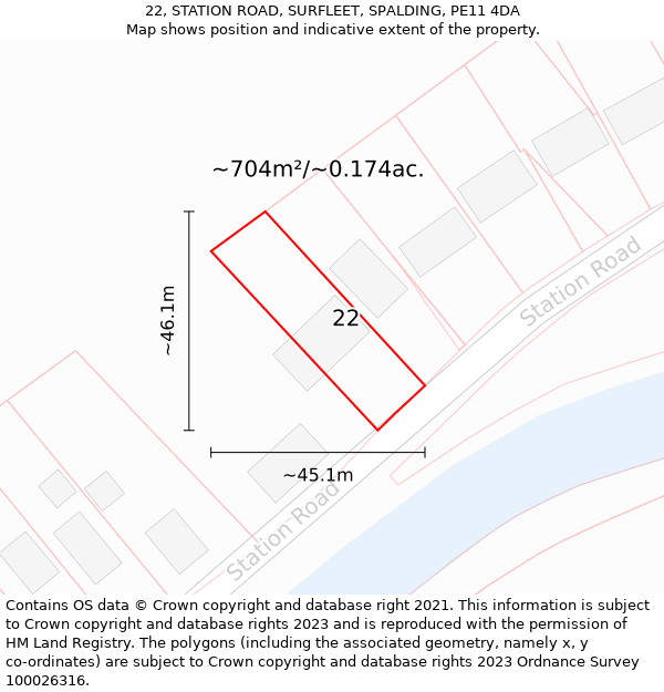 22, STATION ROAD, SURFLEET, SPALDING, PE11 4DA: Plot and title map