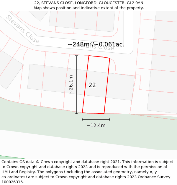 22, STEVANS CLOSE, LONGFORD, GLOUCESTER, GL2 9AN: Plot and title map