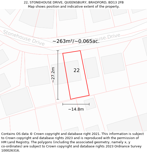 22, STONEHOUSE DRIVE, QUEENSBURY, BRADFORD, BD13 2FB: Plot and title map