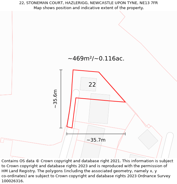 22, STONEMAN COURT, HAZLERIGG, NEWCASTLE UPON TYNE, NE13 7FR: Plot and title map