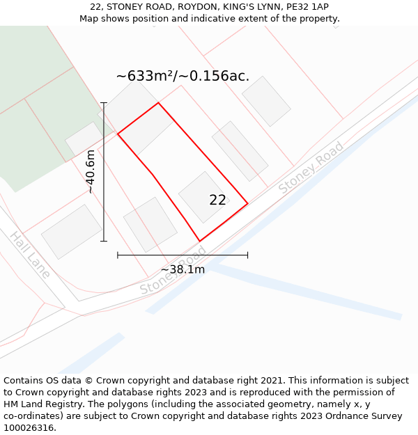 22, STONEY ROAD, ROYDON, KING'S LYNN, PE32 1AP: Plot and title map