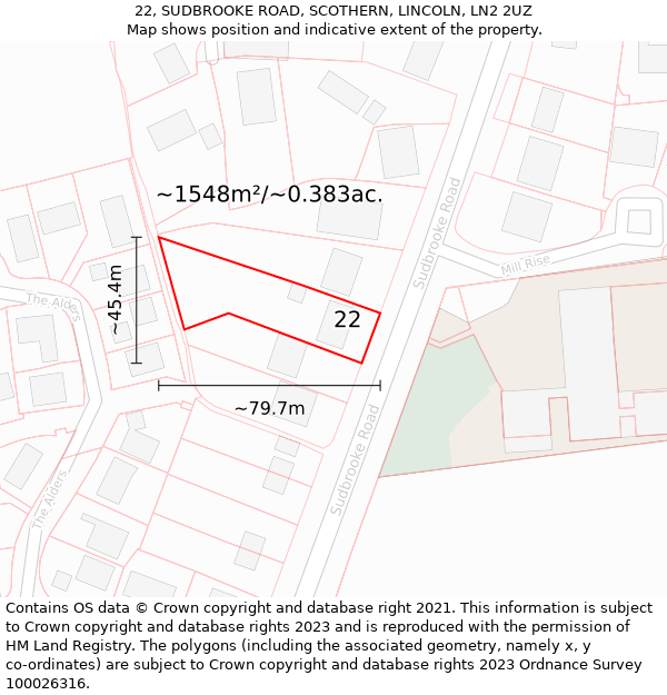 22, SUDBROOKE ROAD, SCOTHERN, LINCOLN, LN2 2UZ: Plot and title map