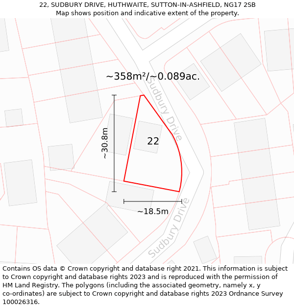 22, SUDBURY DRIVE, HUTHWAITE, SUTTON-IN-ASHFIELD, NG17 2SB: Plot and title map