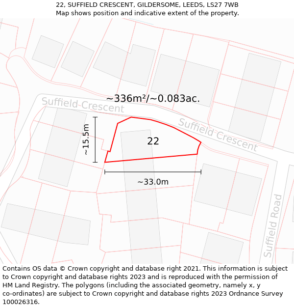 22, SUFFIELD CRESCENT, GILDERSOME, LEEDS, LS27 7WB: Plot and title map