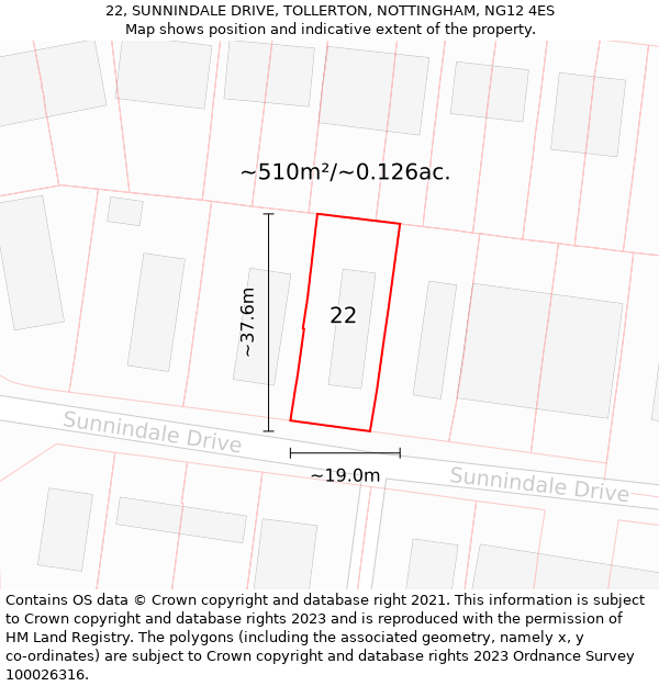 22, SUNNINDALE DRIVE, TOLLERTON, NOTTINGHAM, NG12 4ES: Plot and title map