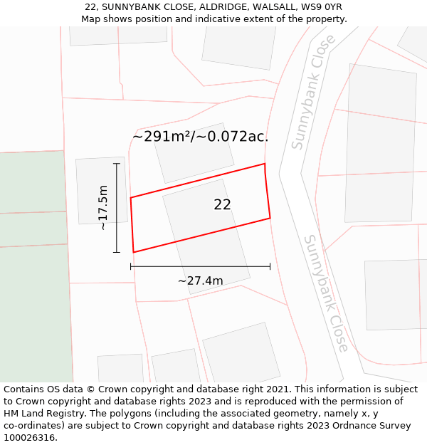 22, SUNNYBANK CLOSE, ALDRIDGE, WALSALL, WS9 0YR: Plot and title map