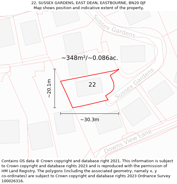 22, SUSSEX GARDENS, EAST DEAN, EASTBOURNE, BN20 0JF: Plot and title map