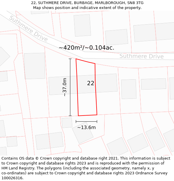 22, SUTHMERE DRIVE, BURBAGE, MARLBOROUGH, SN8 3TG: Plot and title map