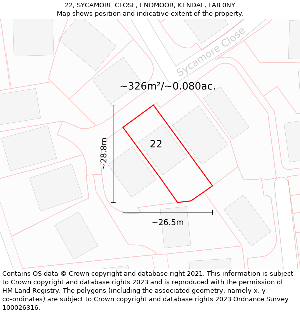 22, SYCAMORE CLOSE, ENDMOOR, KENDAL, LA8 0NY: Plot and title map