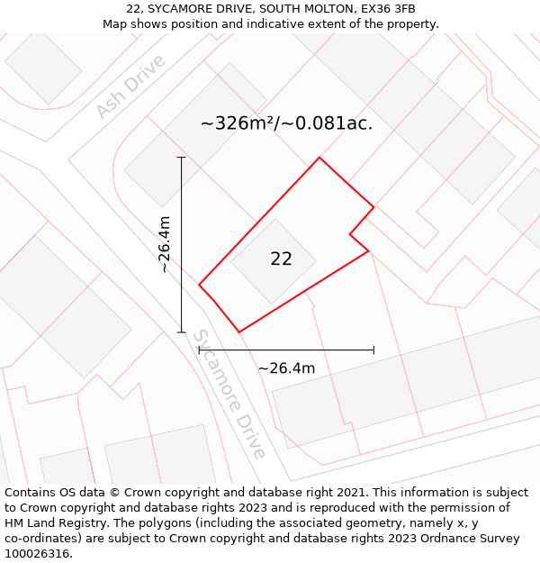 22, SYCAMORE DRIVE, SOUTH MOLTON, EX36 3FB: Plot and title map