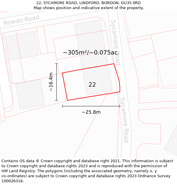 22, SYCAMORE ROAD, LINDFORD, BORDON, GU35 0RD: Plot and title map